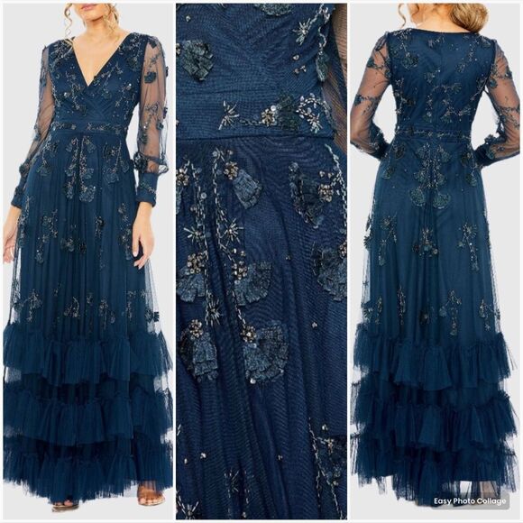 MAC DUGGAL 9256 Womens Blue Mesh Long Sleeve V-Neck Tiered A Line Gown - Picture 1 of 14